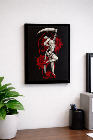 black framed canvas print that says exceed the standard or don't do the job n a wall in an office setting