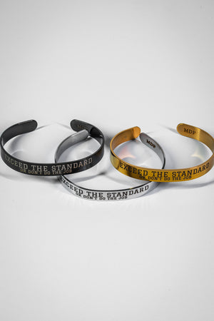 Three stainless steel bracelets with motivational text on a white background
