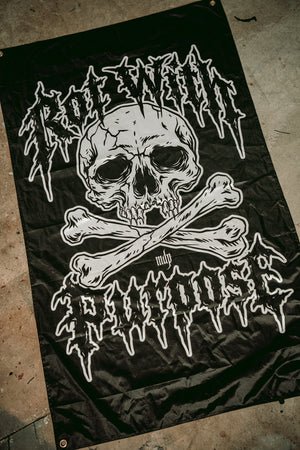 Rot with Purpose flag: white skull and crossbones with Rot With Purpose in metal-style lettering on black, 5x3 foot vertical single-sided polyester
